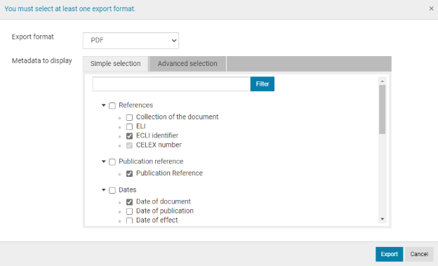 Screenshot showing where you can select the export format